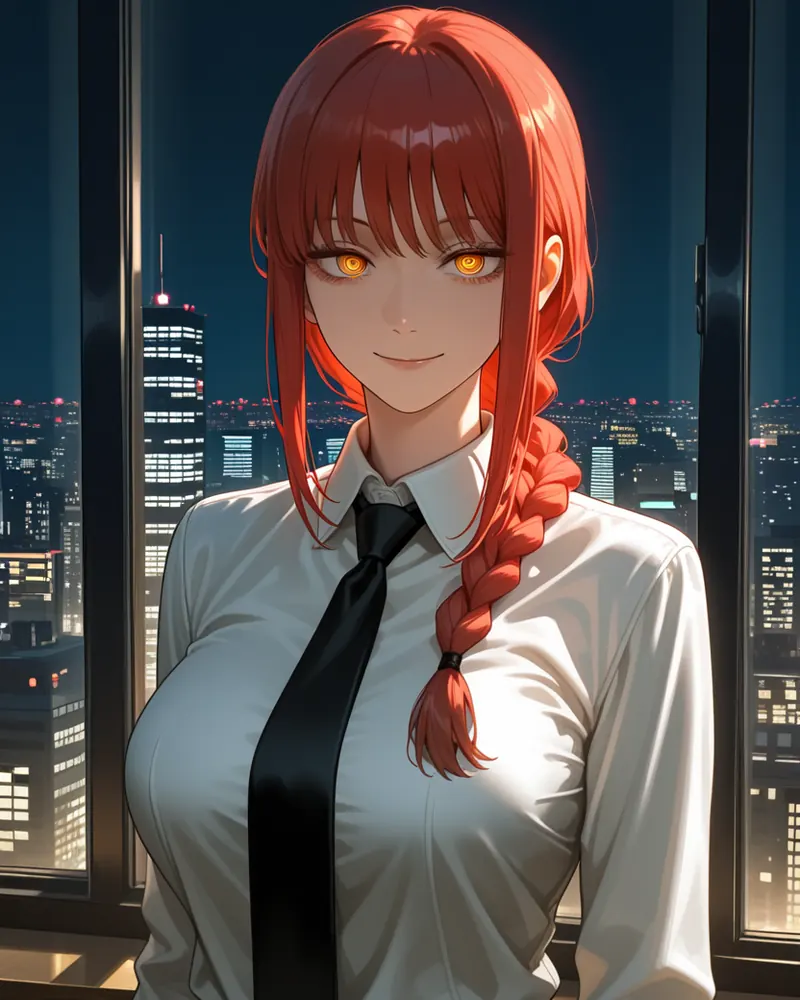 Makima AI art: Makima smiling in a white shirt and black tie in front of a window over a city skyline at night