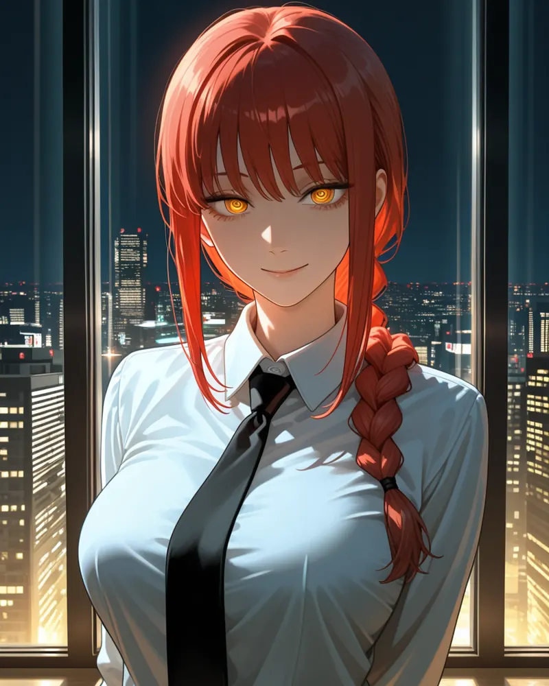 Makima AI art: Makima with ringed golden eyes and a long red braid, standing by a tall window above a night city