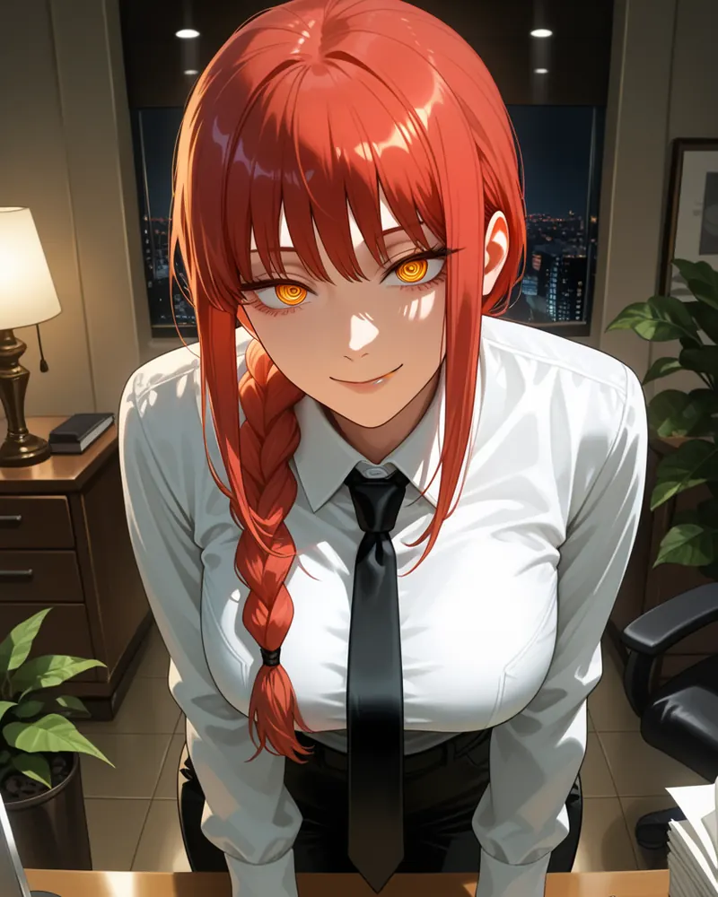 Makima AI art: Makima looking down at the viewer across her desk with a small smile, in a white shirt and black tie