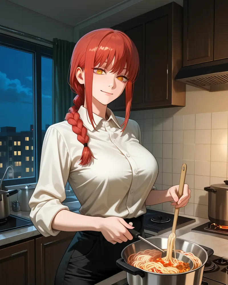 Makima AI art: Makima stirring a pot of pasta in her kitchen at night, sleeves rolled up, smiling at the viewer
