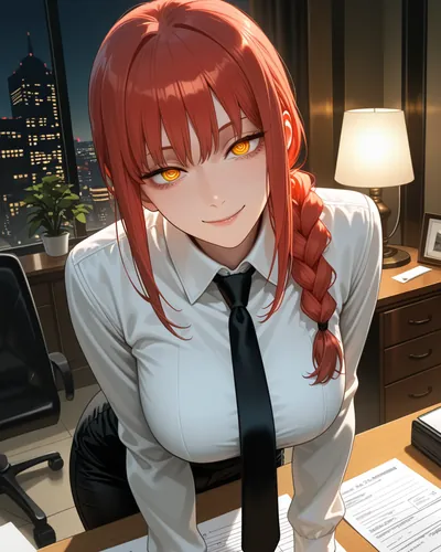 Makima leaning over her office desk toward the viewer, a contract and pen in front of her, white shirt and black tie